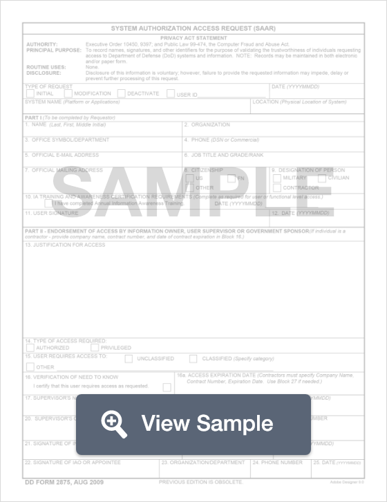 DD Form 2875 System Authorization Access PDF Sample FormSwift DD Form 2875 System Authorization Access PDF Sample FormSwift