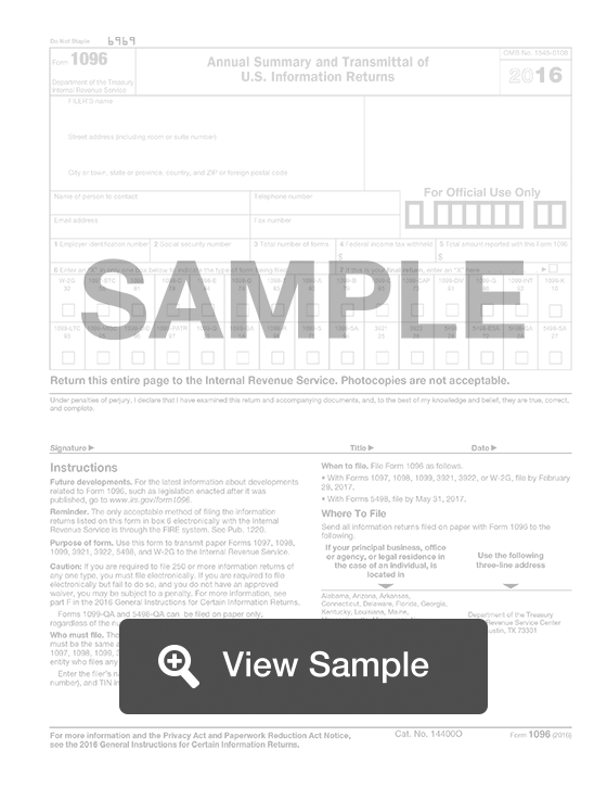 2016 IRS Tax Form 1096 Annual Summary and Transmittal for 1099's to IRS 