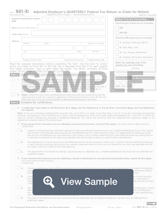 Fillable IRS Form 941-X | Free Printable PDF Sample | FormSwift