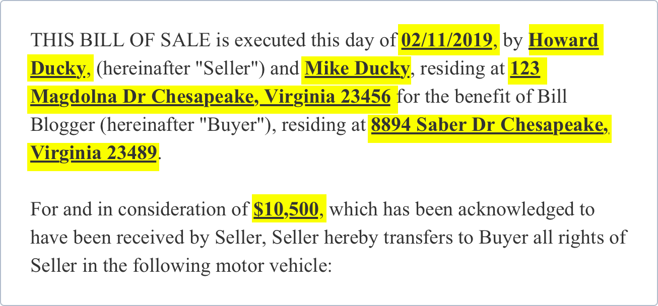 Vehicle Hand Written Bill Of Sale Example